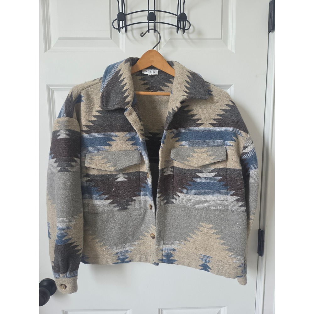 ACOA Womens Aztec Southwestern Shacket Blue Grey Tan Button Front Jacket Medium